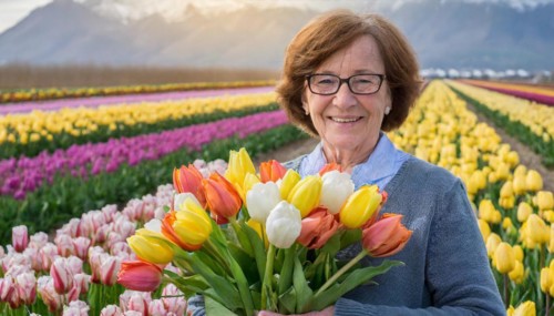 A cheerful elderly lady holds a bouquet of colourful tulips in a tulip field, HollanKI generated,