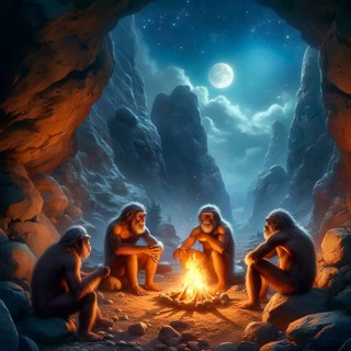 Prehistory, Prehistory, A group of prehistoric humans, Australopithecus, sitting around a campfire