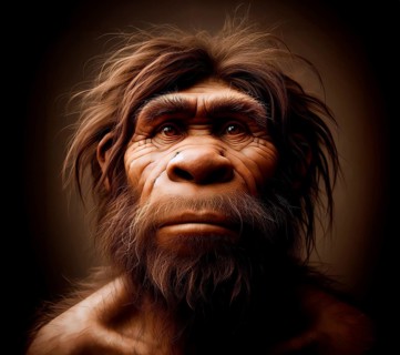 Prehistory, prehistoric, portrait of an extinct neandertal (Homo neanderthalensis), AI generated,