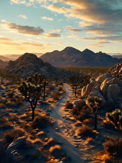 Mojave desert with joshua trees sprinkled in a sunrise, AI generated
