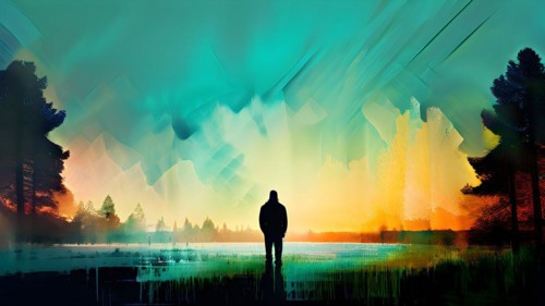 AI generated painting of a surreal landscape with a lonely human with digital brush strokes