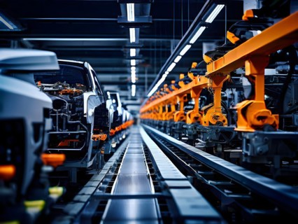 AI generated automotive assembly line in car manufacturing progression with automated machines