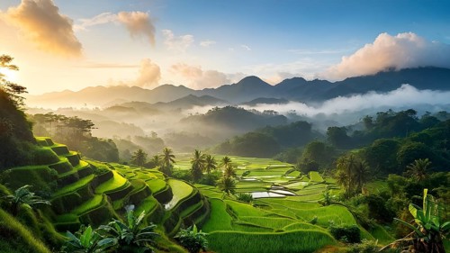 Early morning light bathes Philippines rice terraces cascading down mountain slopes, AI generated