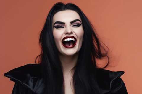 Smiling woman with Halloween vampire makeup and costume in front of studio background. KI