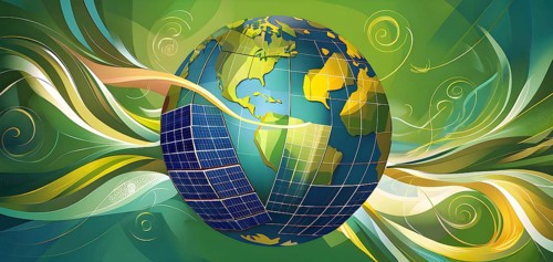 Illustration of a globe composed of triangular solar panels and swirling wind patterns, symbolizing