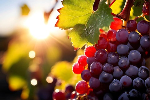 Harvest ready grape bunches with water droplets sparkling in the sunlight, AI generated