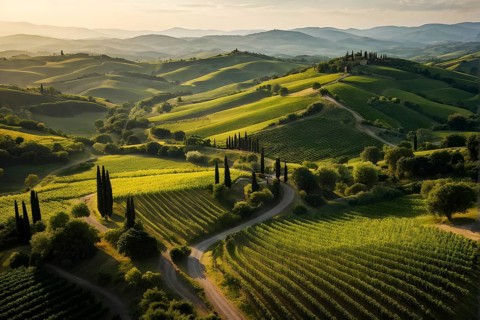 Aerial view of winding vineyard rows snake through rolling hills under atmospheric-summer sun, AI