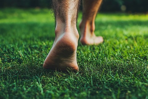 Close up of man's bare feet walking over grass. Generative Ai, AI generated