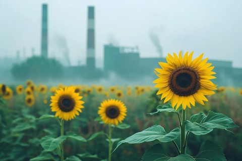Agricultural field with growing sunflowers and factory with grey fumes in blurry background.