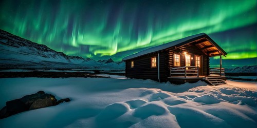 Aurora borealis illuminating snow covered fjord landscape with a wooden cabin in vibrant hues, AI