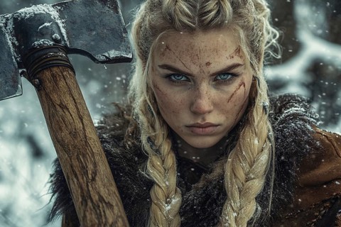Female viking woman with ax in snow. Fenerative Ai, AI generated