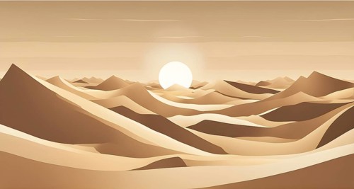 Abstract desert scene with triangular sand dunes and a single circular sun, using sharp lines and