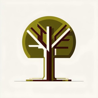 Abstract geometric tree with a circular canopy and a rectangular trunk, arranged in a clean,