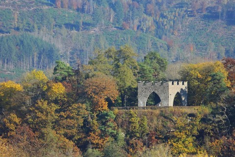 View of memorial with autumn atmosphere, spa garden, Bad Laasphe, Rothaargebirge, North