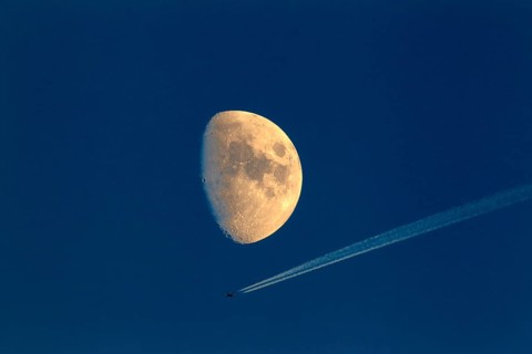 Moon, Luna, crescent, waxing, night, darkness, planets, solar system, moon phase, with aeroplane,