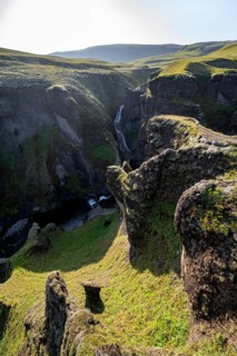 Fjaðrárgljúfur Canyon, Fjadrargljufur, rock formations in rugged deep canyon with river in the
