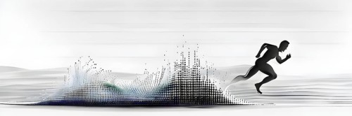Wave of data points shaping into a runners silhouette, abstract illustration in black and white,