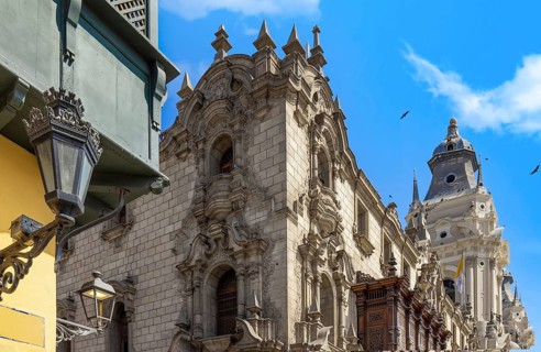 Lima, Peru, Archbishop Palace on colonial Central plaza Mayor or Plaza de Armas in historic center,