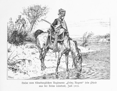 Hussar of the Lüneburg Regiment 'Prince Regent' watering his horse from the Seine, rider with