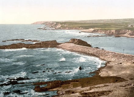 Bude, entrance to the harbour and breakwater, village on the north coast of the county of Cornwall