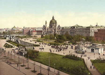 Der Karlsplatz mit der Karlskirche, Wien, Österreich, digital restaurierte Reproduktion eines