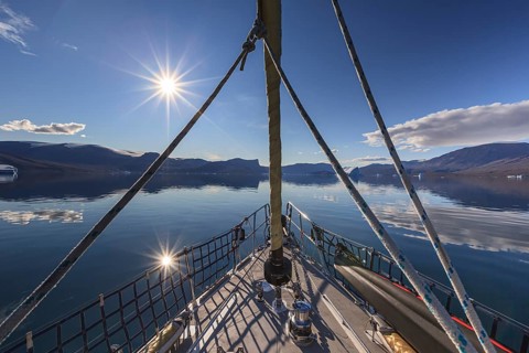 Sailboat, ship in fjord off Bergen, sunny, Scoresby Sound, East Greenland, Greenland, North America