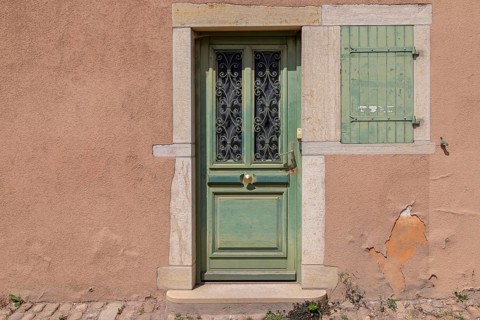 House facade with green door and window, Cluny, Saône-et-Loire, Burgundy, France, Europe