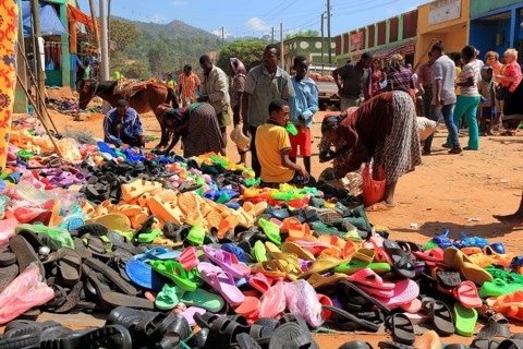 South Ethiopia, market in Jinka, market day, trade with plastic sandals, plastic shoes, market