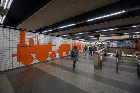 Underground station with mosaic of the first railway on the walls, Am Plärrer, Nuremberg, Middle