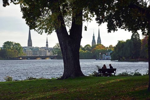 Europe, Germany, Hamburg, City, Outer Alster Lake, hiking trail Alsterpark, in autumn, towers of