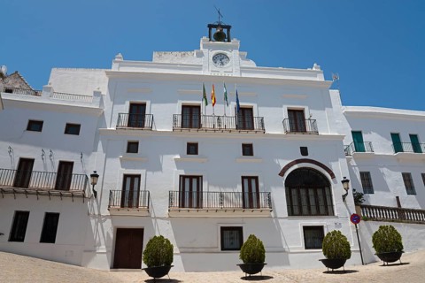 Representative white building with balconies and flags on the roof under a clear sky, town hall,