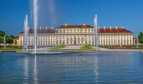 Garden parterre with fountain in front of the New Palace in the Schleissheim Palace complex,