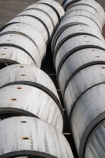 Concrete sewer pipes, stored on a construction site during sewer renovation work, on the Dickswall,
