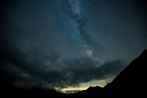 Milky Way and starry sky with Montafon mountains, Tschagguns, Rätikon, Montafon, Vorarlberg,