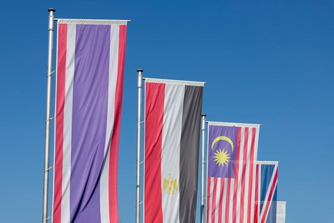 Several flags of different countries fly side by side under a clear blue sky, Thai flag, Malaysian
