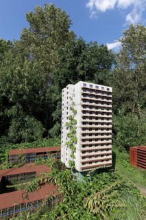 Already demolished residential tower in miniature format, art installation Neustadt by Marta