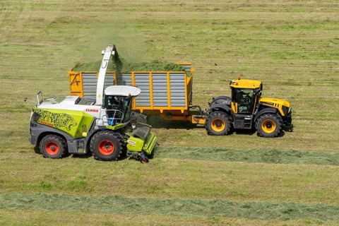 Hay harvest, on a Rhine meadow near Duisburg-Beeckerwerth, a forage harvester picks up the cut