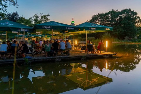 Grugapark, beer garden water garden, at the main entrance, Grugaturm, Essen, Germany, Europe