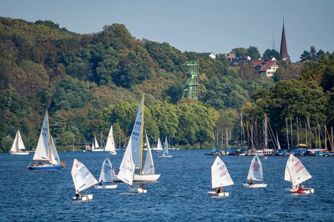Lake Baldeney in Essen, reservoir of the Ruhr, sailing regatta, behind the winding tower of the