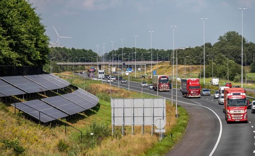 A58 motorway, photovoltaic systems were installed on the slopes to the side of the carriageway, use