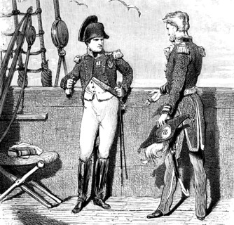 The end of the Hundred Days on Elba 1815, Napoleon's return to France, exile, sailing ship, deck,