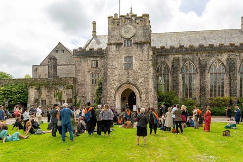Satish Kumar speaking at graduation event, Schumacher College, Dartington Hall estate, Totnes,