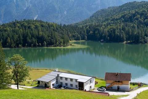 Restaurant at Lautersee, Karwendel Mountains, Alps, Mittenwald, Werdenfelser Land, Upper Bavaria,