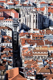View over Lisbon, Santa Justa lift and The Church and Convent of Our Lady of Mount Carmel,