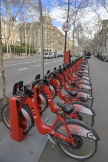 Red hire bikes from bicing, Gran Via de les Corts Catalanes, Barcelona, Catalonia, Spain, Europe
