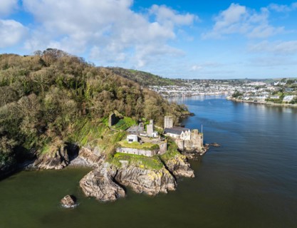 Dartmouth Castle over River Dart from a drone, Dartmouth, Kingswear, Devon, England, United