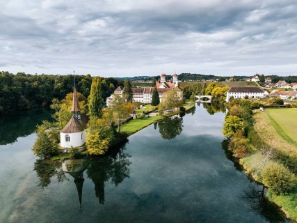 Aerial view of the former Benedictine abbey with the monastery church of St Mary and the pointed