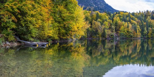 Freibergsee lake in autumn, near Oberstdorf, with the Allgäu Alps behind it, Allgäu, Bavaria,