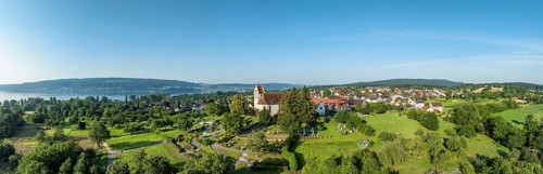 The church of St. Johann and Vitus in Horn on the Höri peninsula, aerial view, panorama,