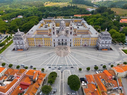 Historical palace captured in impressive symmetry as an aerial view, surrounded by green